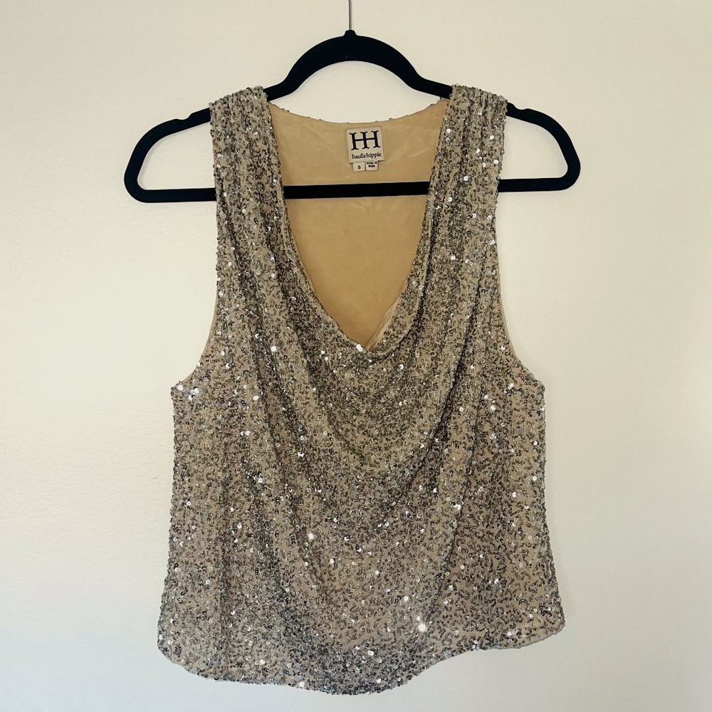 Haute Hippie Gold Sequin Draped Tank Top